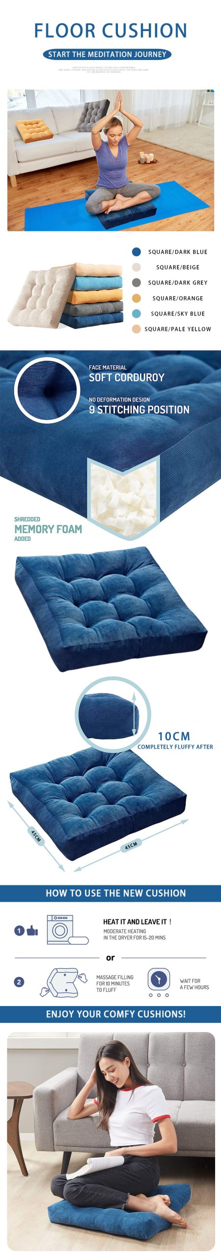 Ergonomic Shredded Memory Foam Floor Cushion Meditation Sitting Pillow 45x45x10cm CE Certified for Relief detail 2